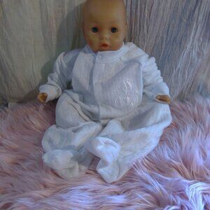 Babygro White Long Sleeve Footed  Sleeper with Bear Patch (Size 0-6 Months)